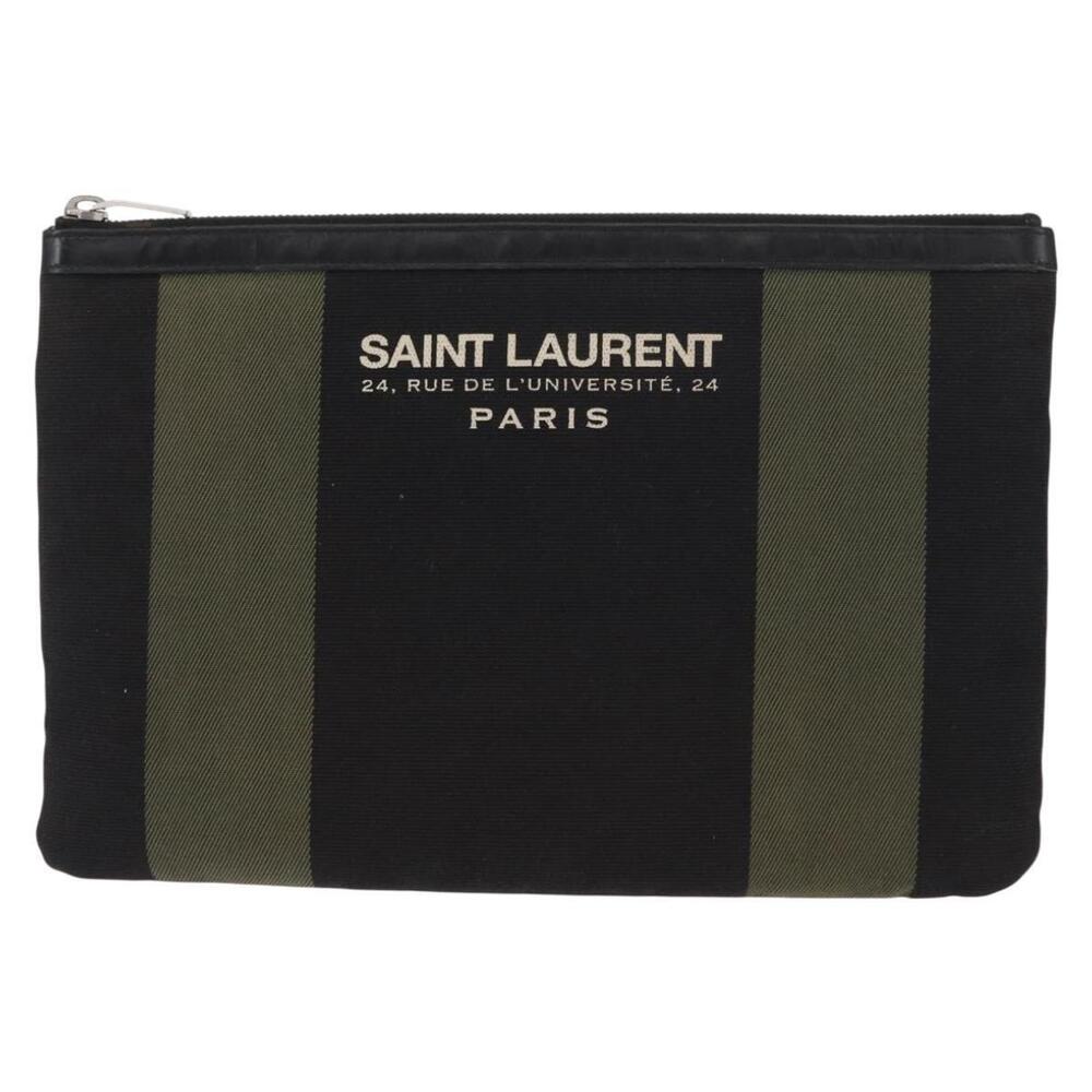 SAINT LAURENT Clutch Bag Canvas Leather Black Khaki Silver Auth mr1652 - Picture 13 of 16